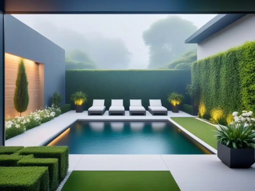 Transformación de patio moderno: diseño minimalista y exuberante vegetación en 8k Transformación moderna de un patio con diseño minimalista y exuberante vegetación