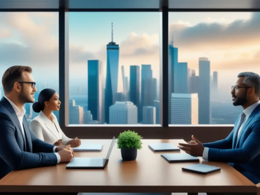 Reunión profesional sobre inversiones en tiempos compartidos Una ilustración moderna de personas diversas discutiendo oportunidades de inversión en tiempo compartido, destacando la protección de inversores