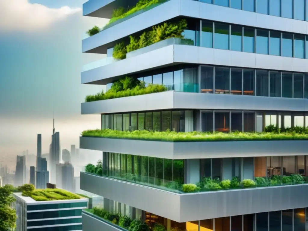 Edificio de cristal: ética y sostenibilidad en la industria inmobiliaria Ilustración moderna de un rascacielos de vidrio transparente mostrando escenas de ética y compliance en inversiones inmobiliarias