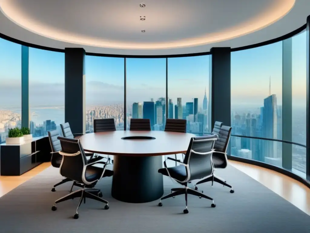 Sala de juntas de lujo con vistas a la ciudad Una moderna sala de juntas con vista a la ciudad, diseño elegante y toques de vegetación