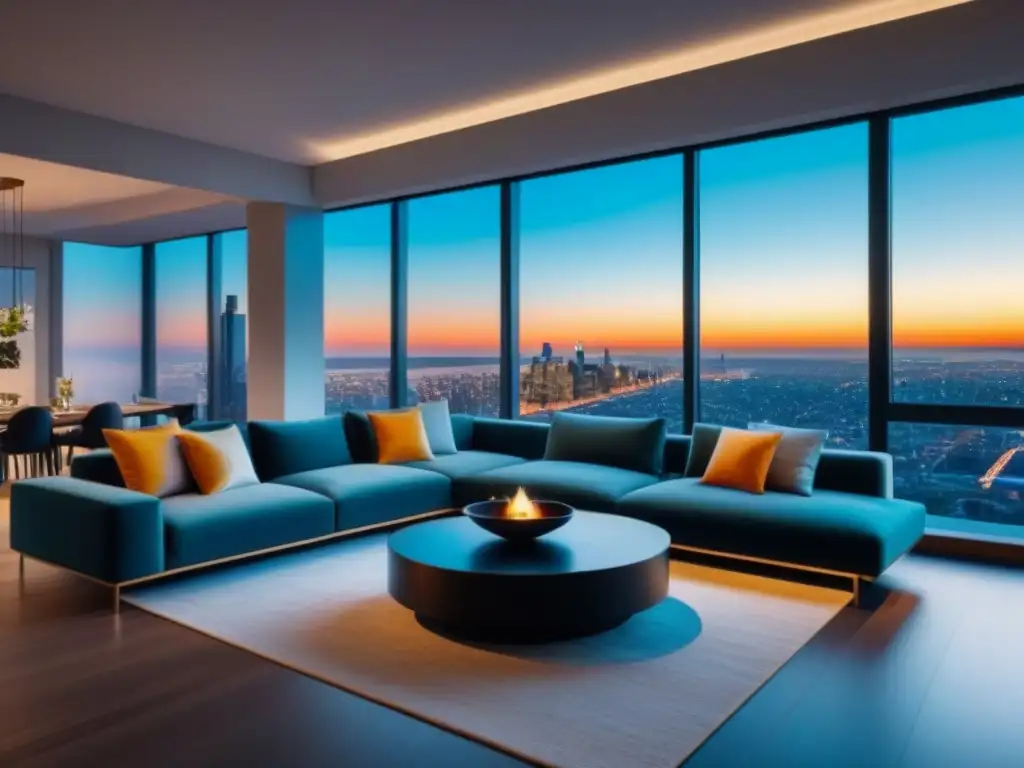 Salón moderno de lujo con vistas urbanas al atardecer Una moderna sala de estar con vista a la ciudad al atardecer