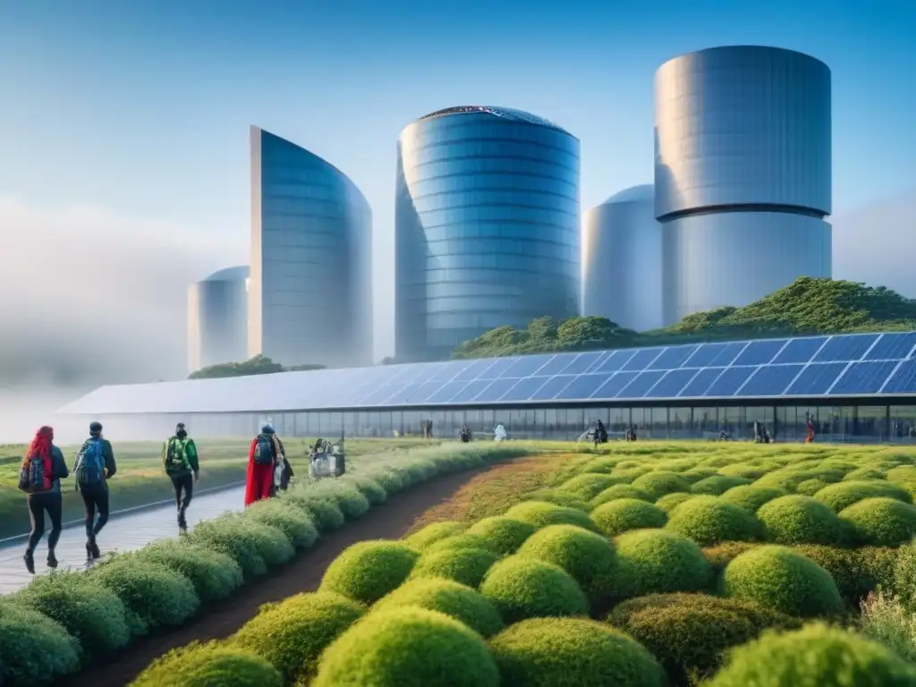 Edificios futuristas sostenibles con certificaciones LEED y BREEAM Modernas edificaciones sostenibles con certificaciones LEED y BREEAM, rodeadas de naturaleza