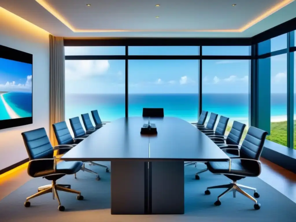 Salón de juntas futurista con vista al mar para inversiones vacacionales Modernas estrategias de negociación en propiedades vacacionales en sala de juntas futurista con vista al mar