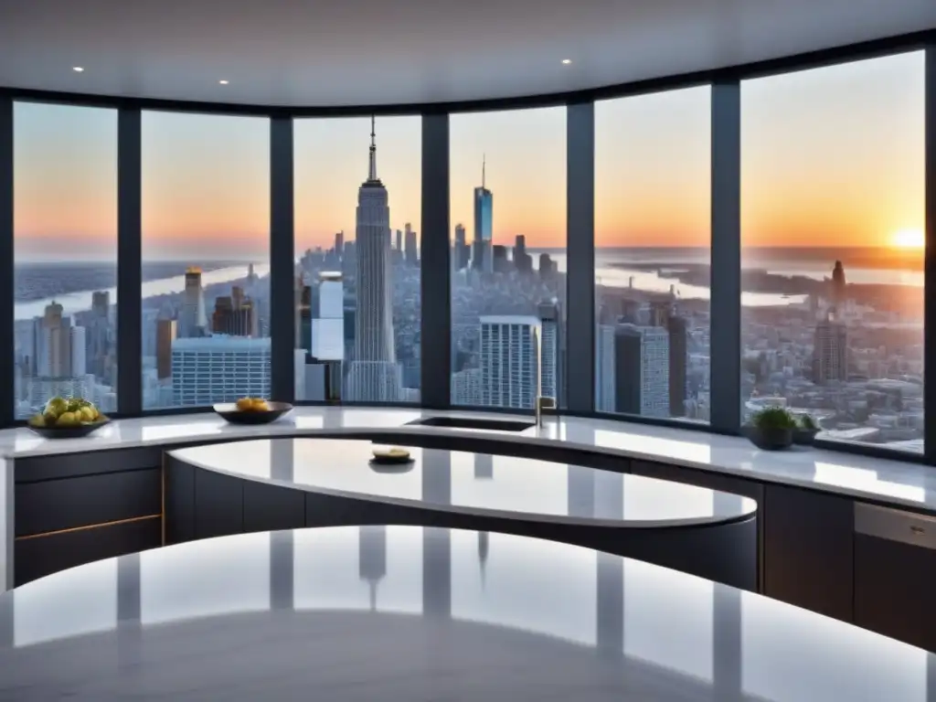 Cocina de lujo con vistas urbanas en 8k Modernidad y lujo en cocina con tendencias renovación mercado inmobiliario internacional