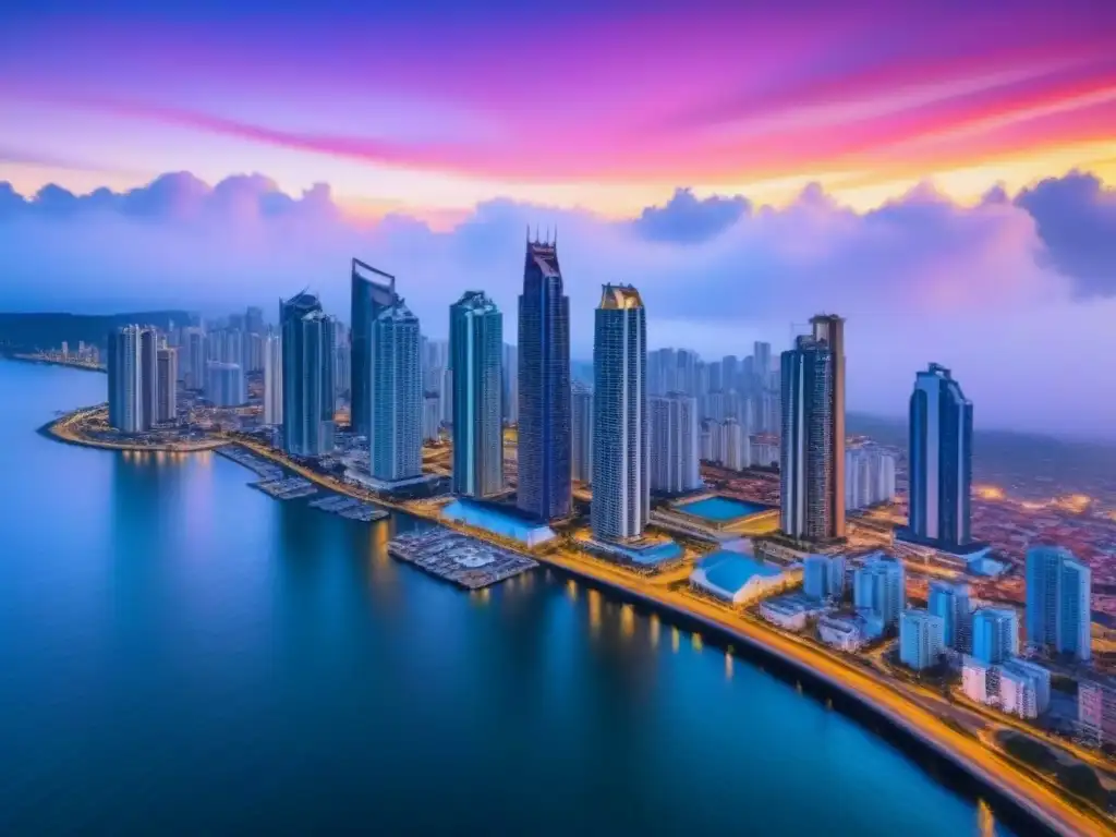 Panamá City: skyline moderno al atardecer Panamá: skyline moderno al atardecer sobre el Pacífico