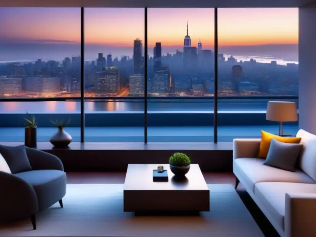 Penthouse de lujo con vista panorámica de la ciudad al atardecer Un moderno ático de lujo con vista a la ciudad, ventanales, muebles contemporáneos y una amplia terraza en la azotea al atardecer
