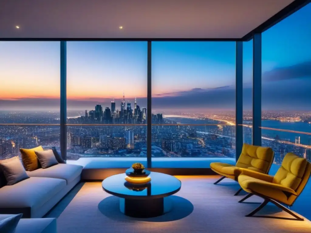 Penthouse de lujo con vista panorámica al atardecer en la ciudad Un moderno ático de lujo con vista a la dinámica ciudad al anochecer, reflejando las fluctuaciones cambiarias en inversiones inmobiliarias