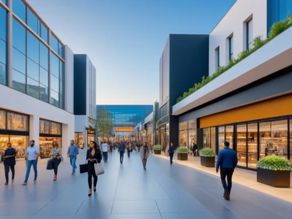 Centro comercial moderno y vibrante: tiendas, cafés y diversidad Un moderno centro comercial bullicioso con diseño arquitectónico elegante y variadas tiendas, reflejando potencial comercial