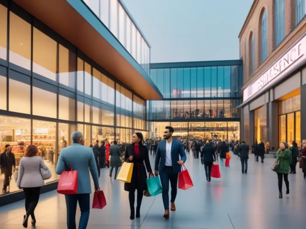 Centro comercial moderno y vibrante: diversidad de tiendas y compradores Un moderno centro comercial lleno de diversidad: tiendas, compradores de todas las edades y fondos
