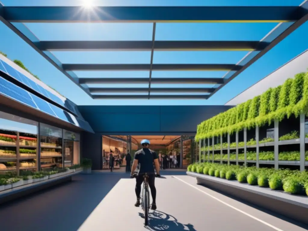 Centro comercial sostenible: arquitectura moderna rodeada de naturaleza Un moderno centro comercial sostenible rodeado de vegetación, paneles solares y personas comprando con bolsas reutilizables