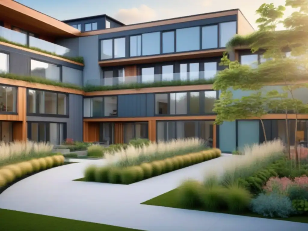 Cohousing sostenible y de lujo con diseño innovador y comunidad vibrante Un moderno complejo de cohousing con arquitectura sostenible, espacios verdes y residentes socializando