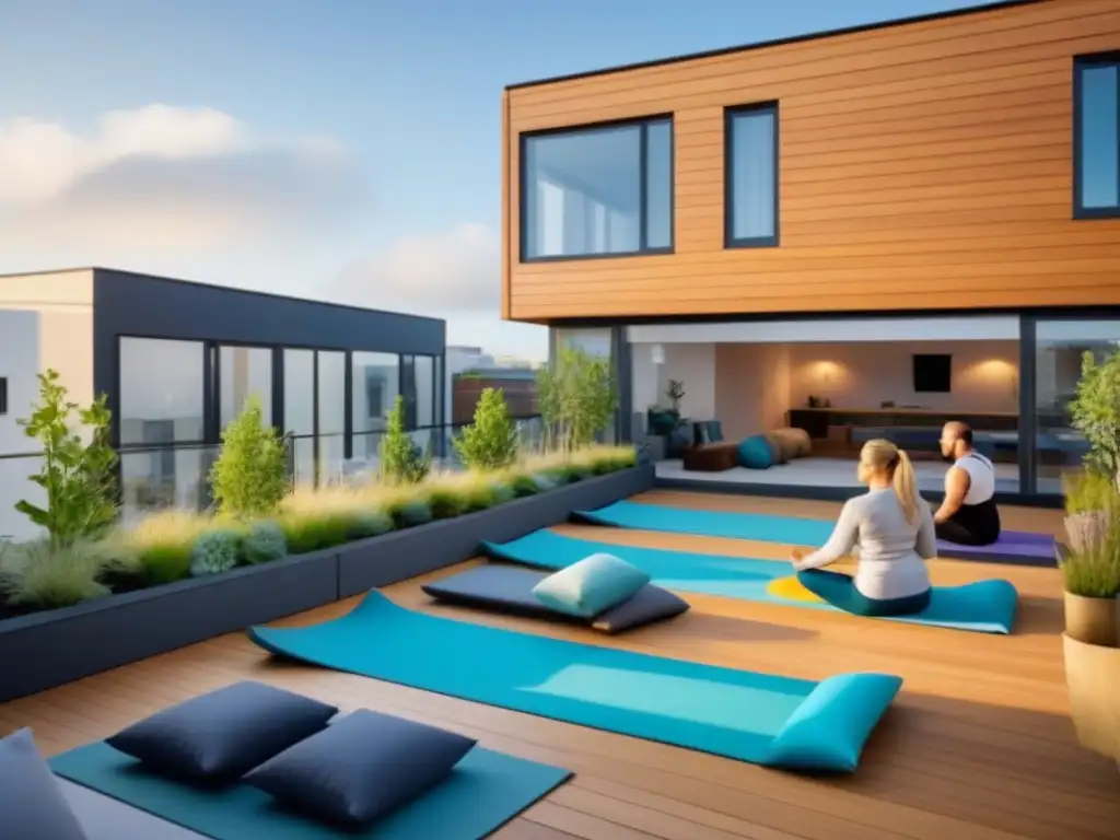 Cohousing de lujo y sostenible con espacios comunes amplios y modernos Un moderno complejo de cohousing con diseño sostenible y lujoso, espacios comunes amplios y residentes diversos disfrutando de actividades