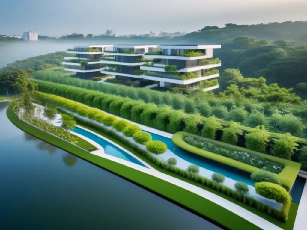Arquitectura moderna y naturaleza en complejo residencial innovador Un moderno complejo residencial en un área metropolitana menos conocida, con arquitectura contemporánea y espacios comunitarios vibrantes