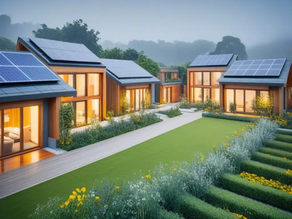 Complejo ecoamigable: armonía entre naturaleza y modernidad Un moderno complejo residencial ecológico entre árboles verdes, paneles solares, amplias ventanas y jardín colorido