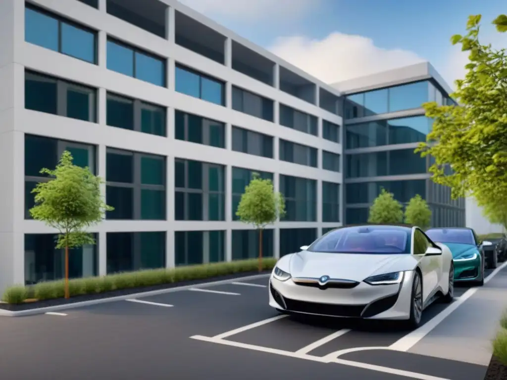 Complejo sostenible: arquitectura ecoamigable y conciencia ambiental Un moderno complejo sostenible con paneles solares, áreas verdes y estaciones de carga para autos eléctricos