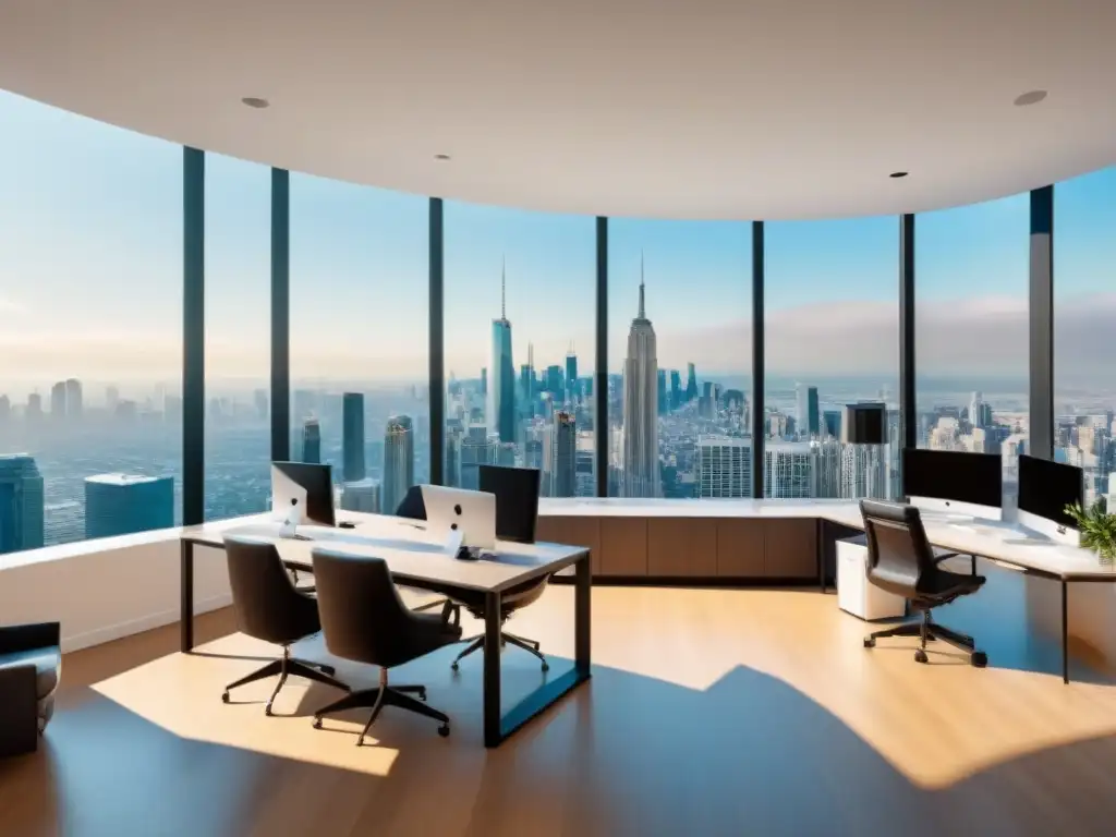 Un moderno despacho inmobiliario con vistas a la ciudad, profesionales en reunión con estrategias redes sociales inmobiliarias internacionales