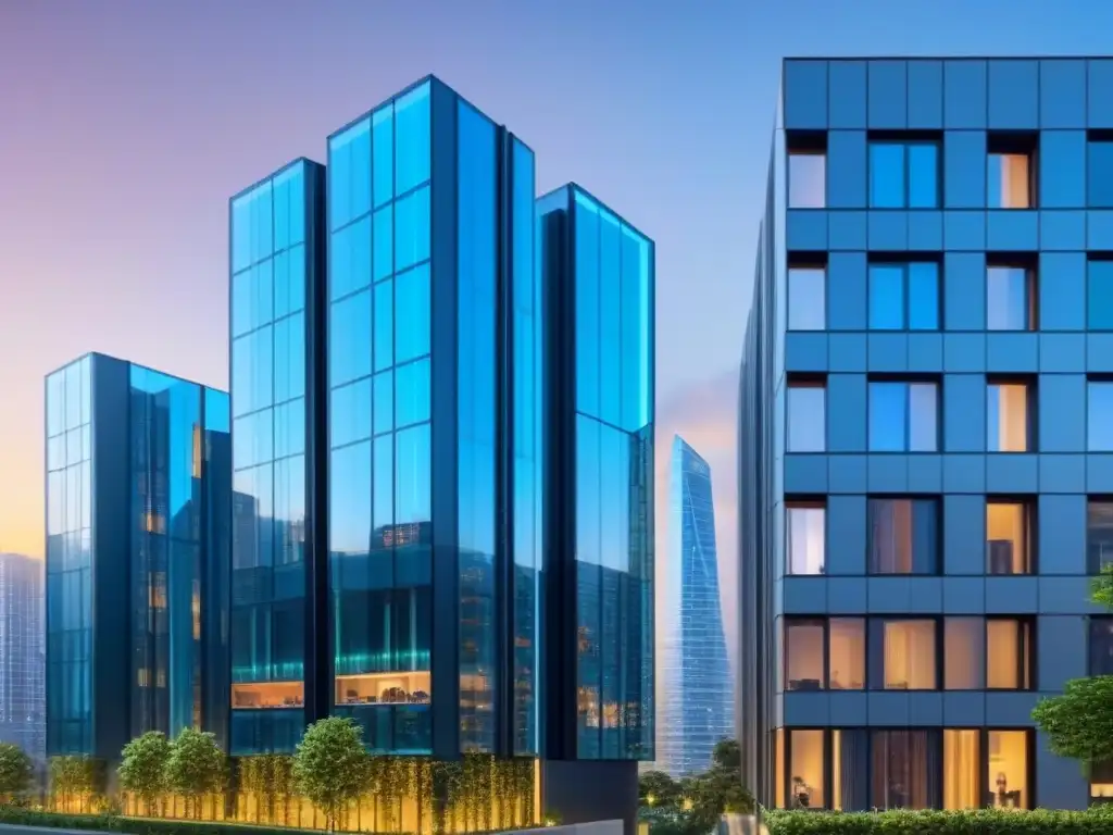 Innovación en bienes raíces: Integración de blockchain en la ciudad Un moderno edificio de apartamentos con diseño elegante y fachadas de vidrio, reflejando la ciudad