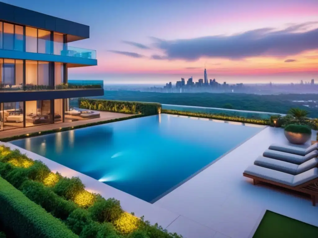 Edificio de lujo con piscina en la azotea y vistas urbanas al atardecer Moderno edificio de apartamentos de lujo con terraza en la azotea y piscina, reflejando la ciudad al anochecer