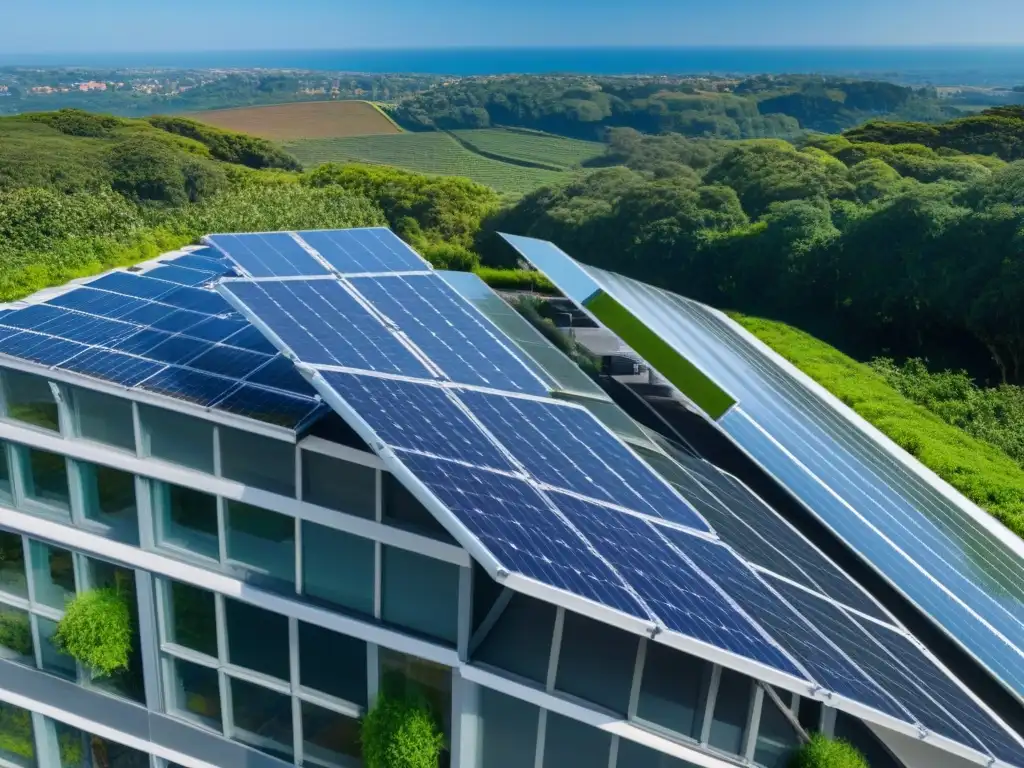 Edificio comercial sostenible con paneles solares y diseño moderno Un moderno edificio comercial con paneles solares, rodeado de vegetación, bajo cielos azules