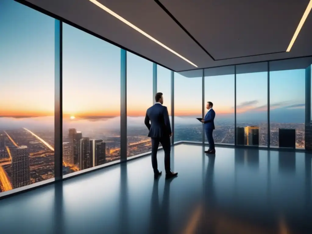 Edificio de oficinas moderno y lujoso con diseño futurista Un moderno edificio de oficinas reflejando la ciudad vibrante