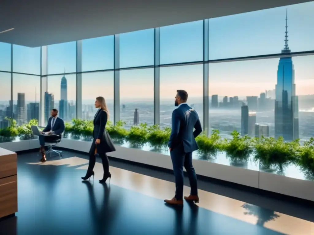 Oficina futurista: innovación y colaboración en la ciudad Moderno edificio de oficinas con profesionales en discusiones, simbolizando la legislación laboral en desarrollo inmobiliario