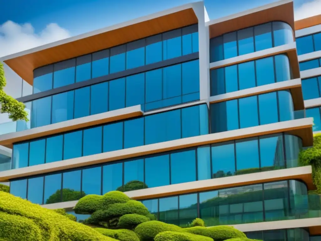 Edificio moderno rodeado de naturaleza: éxito en bienes raíces Un moderno edificio de oficinas rodeado de exuberante vegetación, reflejando sinergias postfusión en el mercado inmobiliario internacional