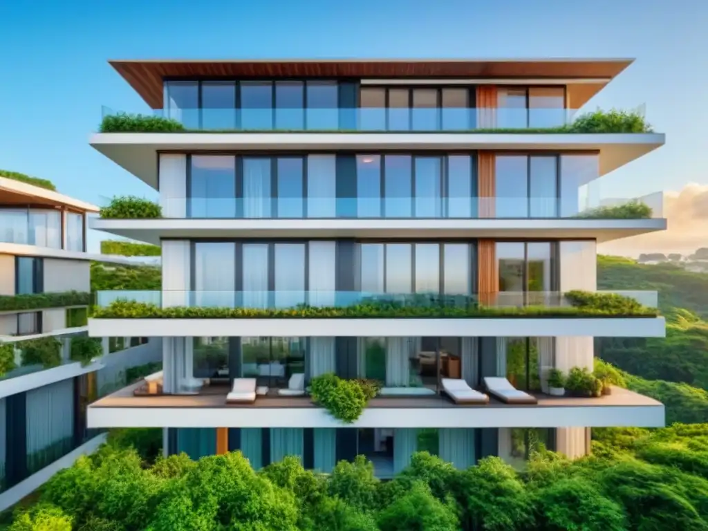 Ecoedificio moderno: diseño elegante, paneles solares y naturaleza Un moderno edificio residencial ecoamigable en un entorno natural