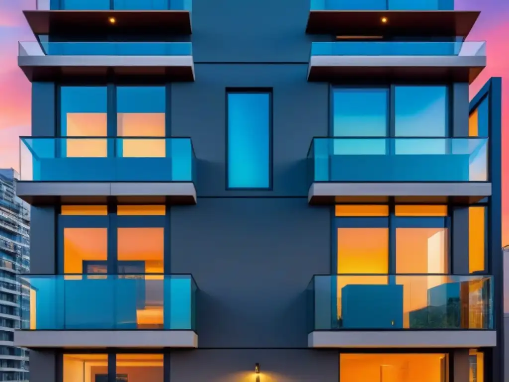 Edificio residencial innovador: seguridad pasiva y diseño sofisticado Un moderno edificio residencial con innovaciones en seguridad inmobiliaria pasiva, reflejando elegancia y fuerza en un atardecer vibrante