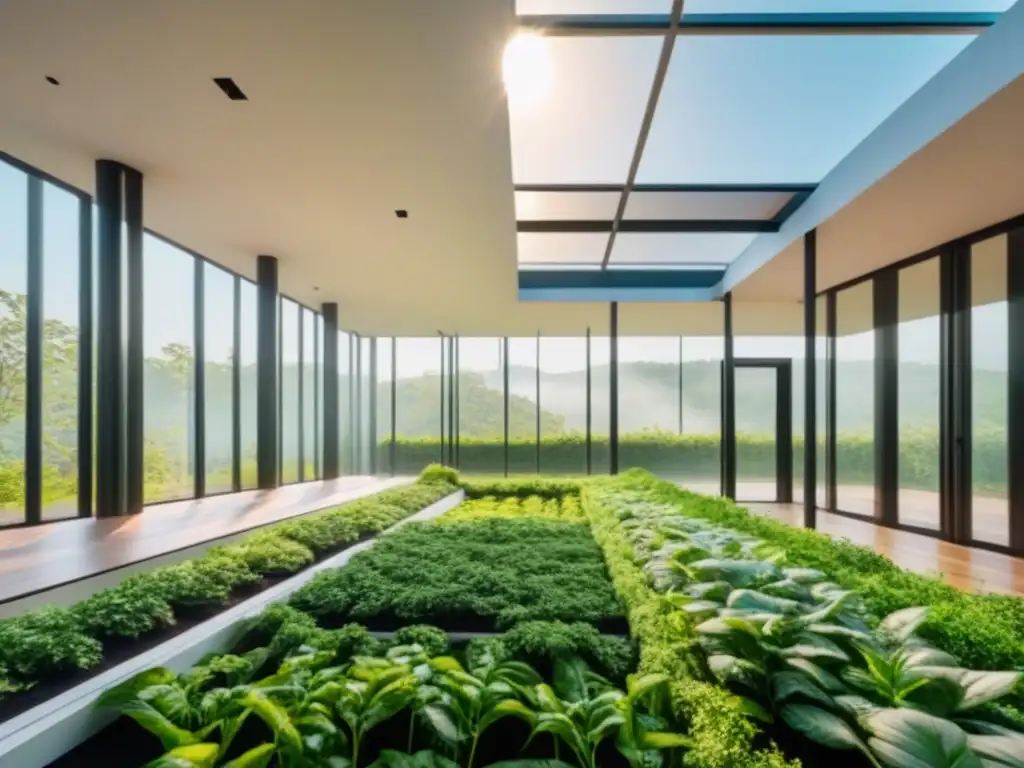 Edificio sostenible: diseño moderno y eco-friendly Moderno edificio sostenible rodeado de vegetación, con paneles solares y diseño elegante