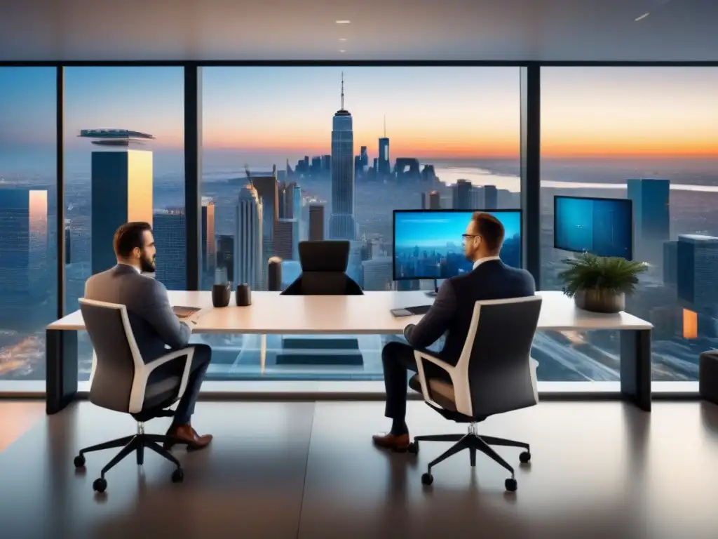 Oficina inmobiliaria moderna y colaborativa en la ciudad Un moderno y elegante despacho inmobiliario con vista a la ciudad, colaboración e innovación en Marketing de afiliación en bienes raíces