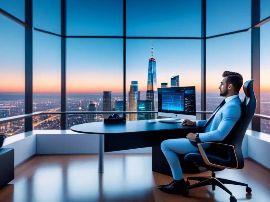 Oficina futurista de lujo en la noche con vista a la ciudad Un moderno espacio de oficina futurista con vista nocturna de la ciudad