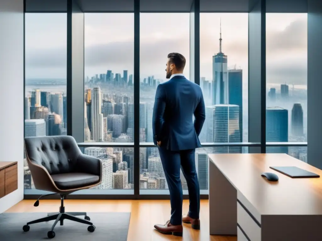 Inversionista analizando tendencias inmobiliarias en oficina de lujo con vista panorámica Un moderno espacio de oficina de lujo con gadgets de alta tecnología y una vista panorámica de la animada ciudad