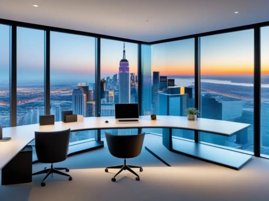Oficina innovadora con visualización de datos inmobiliarios Un moderno espacio de oficina con vista a la ciudad, mobiliario minimalista y vibrantes detalles de color