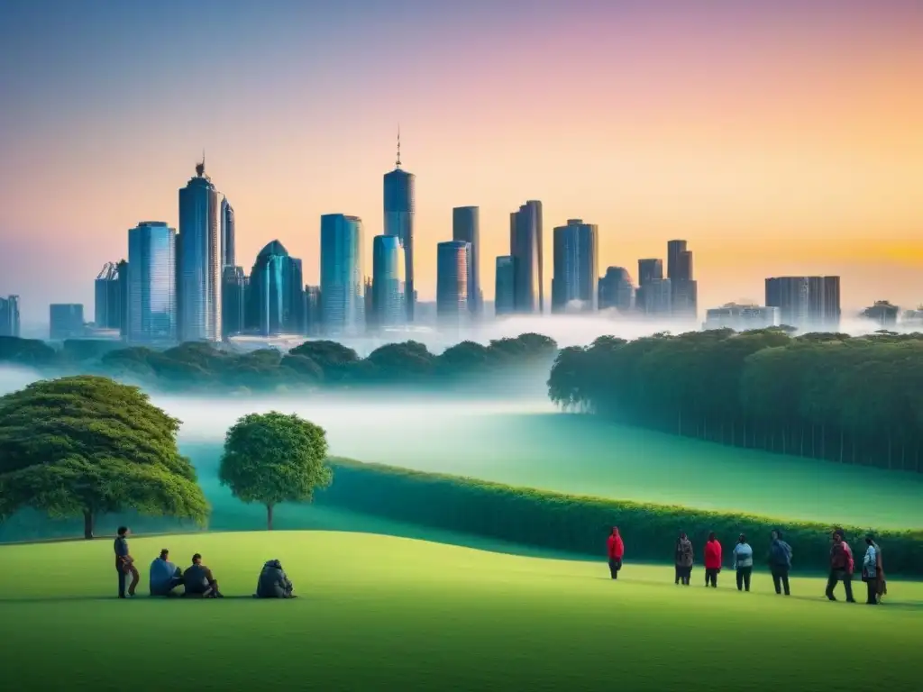 Horizonte urbano sostenible: armonía entre modernidad y naturaleza Un moderno horizonte urbano iluminado por luces cálidas al atardecer, con un parque verde lleno de gente disfrutando actividades recreativas