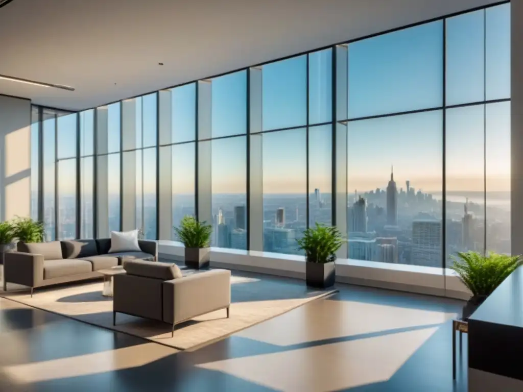 Oficina corporativa moderna con vistas a la ciudad Moderno lobby corporativo con vista a la ciudad, diseño contemporáneo en blanco y gris, plantas verdes estratégicamente ubicadas