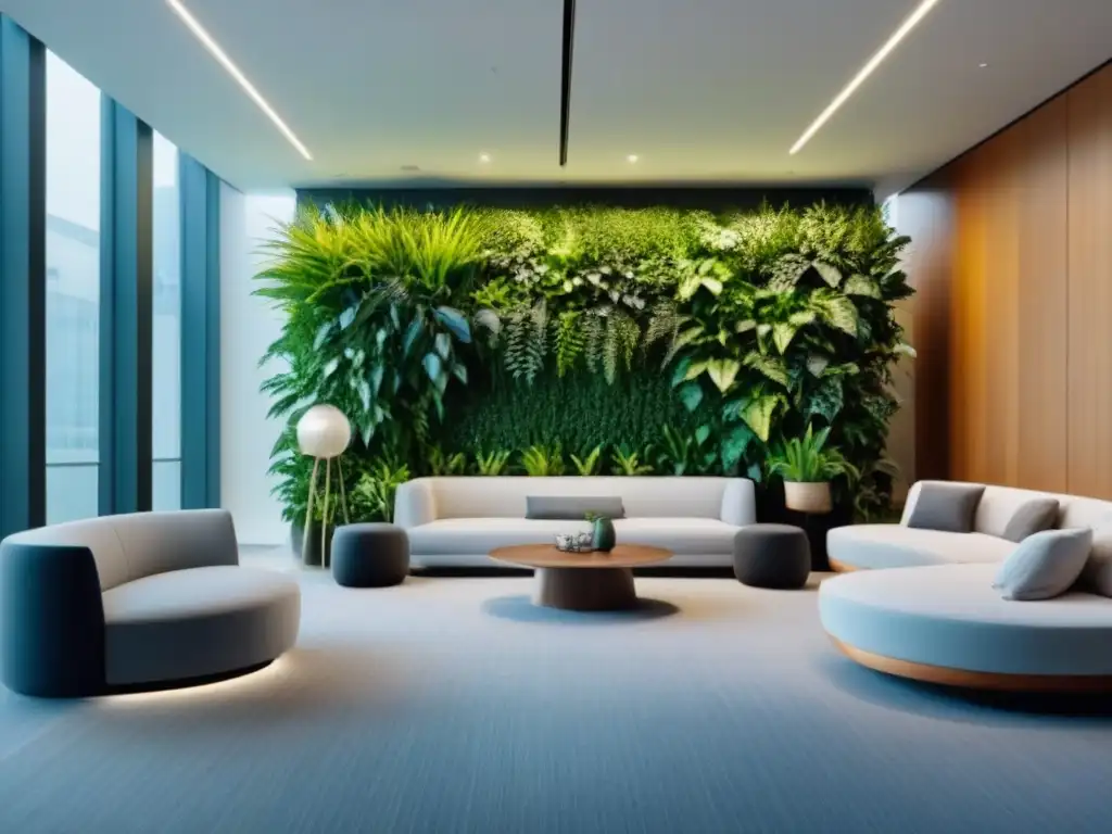 Oficina futurista con elementos biófilos: bienestar y tecnología en armonía Un moderno lobby de oficina con elementos biophilic, promoviendo bienestar