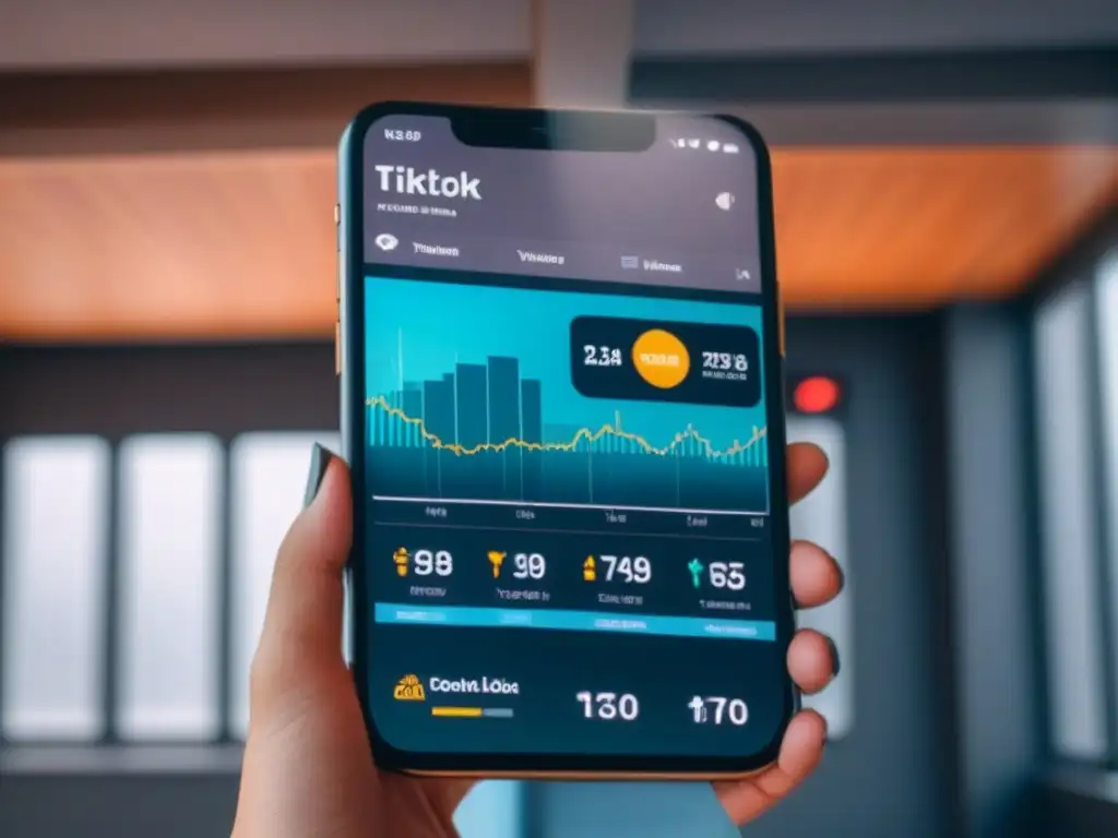 Panel de análisis TikTok para inmobiliarias Un moderno panel de análisis de TikTok para marketing inmobiliario, con gráficos vibrantes y datos de alcance