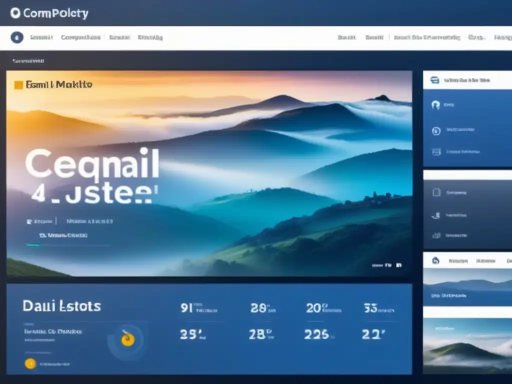 Tablero de email marketing inmobiliario: moderno y sofisticado Un moderno panel de control para email marketing en mercado inmobiliario con gráficos interactivos y personalización avanzada