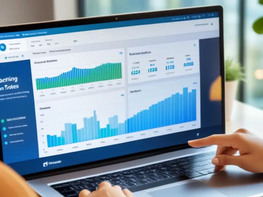 Tablero de marketing inmobiliario: análisis visual y estrategias efectivas Un moderno panel de marketing inmobiliario con datos visuales en la pantalla de un ordenador