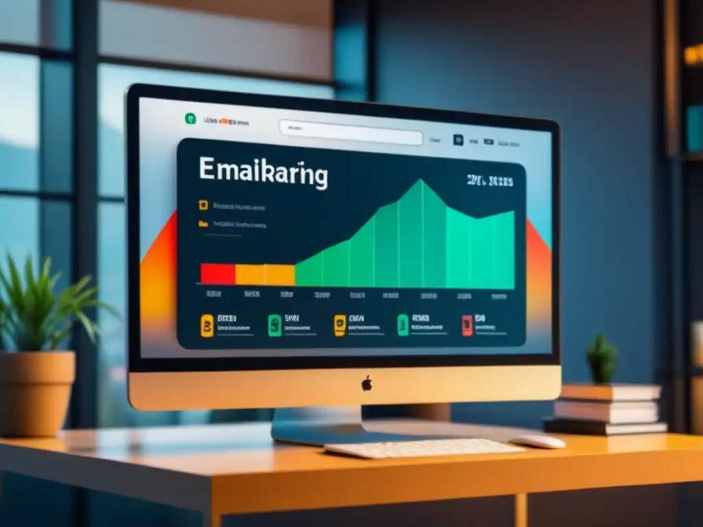 Tablero de email marketing para inmobiliarias: análisis de datos Un moderno panel de email marketing para mercado inmobiliario en una pantalla de computadora, con gráficos detallados y colores vibrantes
