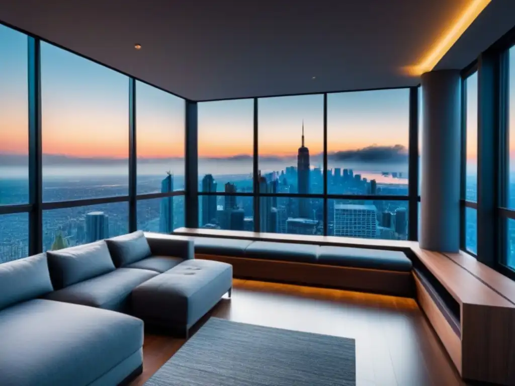 Penthouse de lujo con vista panorámica en ciudad vibrante Moderno penthouse de lujo con vista a la ciudad, decoración elegante y diseño contemporáneo