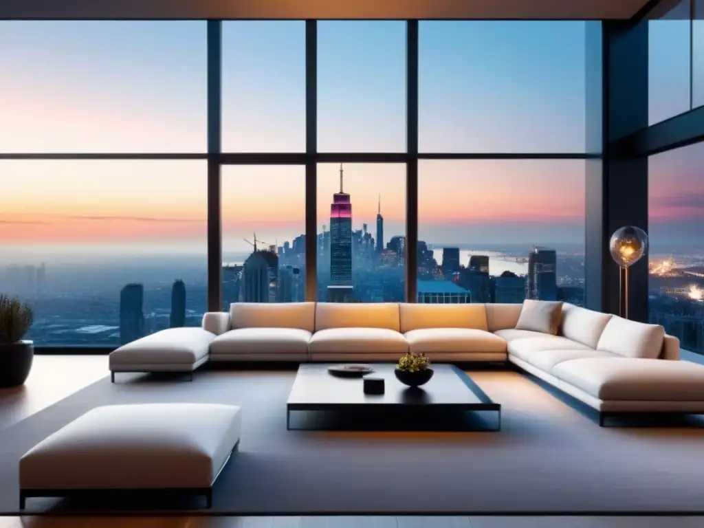 Penthouse de lujo con vista panorámica al atardecer en la ciudad Moderno penthouse de lujo con vistas panorámicas a la ciudad al atardecer