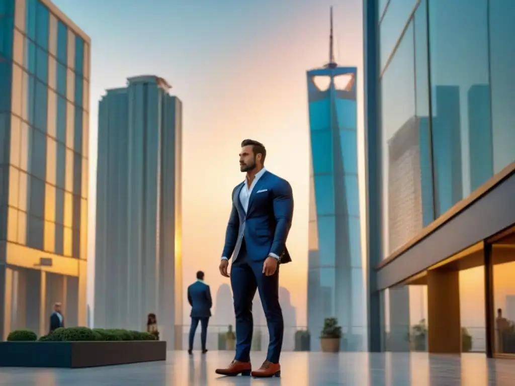 Edificio de lujo en ciudad vibrante al atardecer Un moderno rascacielos de lujo reflejando el atardecer dorado sobre una ciudad bulliciosa, simbolizando las oportunidades de oro mercado inmobiliario