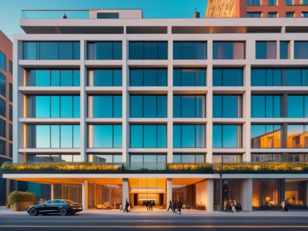 Esplendor urbano: Condominio de lujo al atardecer Un moderno rascacielos de lujo reflejando la ciudad al atardecer