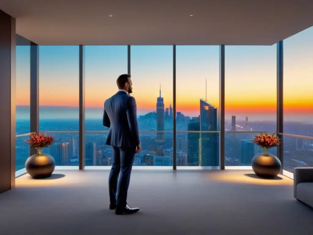 Rascacielos de lujo: atardecer en la ciudad Un moderno rascacielos de lujo con ventanales de piso a techo, reflejando el horizonte de la ciudad al atardecer