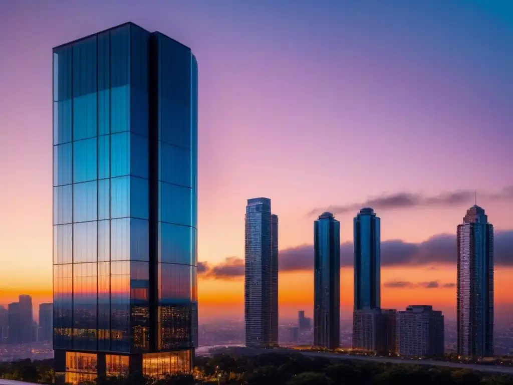 Edificio de lujo en ciudad vibrante al atardecer Un moderno rascacielos con ventanales de cristal reflejando la ciudad al atardecer