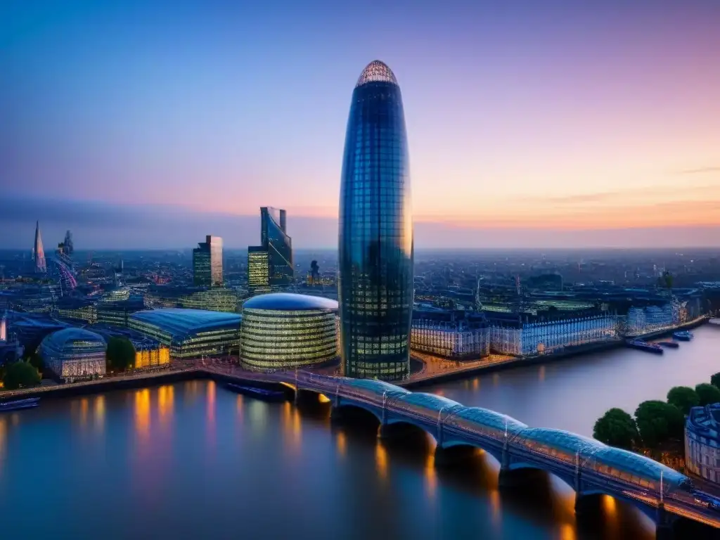 Rascacielos de lujo en Londres junto al Támesis al atardecer Moderno rascacielos en Londres con vista al Támesis al atardecer, reflejando el skyline urbano