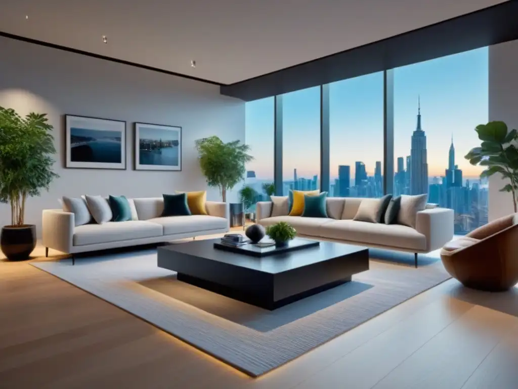 Salón de lujo en tour VR: confort y tecnología Un moderno salón en un tour virtual de lujo, con mobiliario elegante, vistas urbanas y plantas verdes