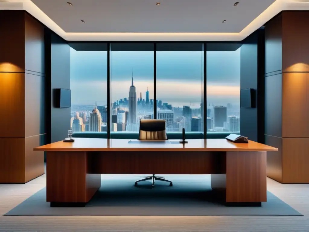 Elegante sala de tribunal moderna con tecnología de vanguardia Juzgado moderno con tecnología avanzada y vista panorámica, ideal para prevenir litigios bienes raíces internacionales