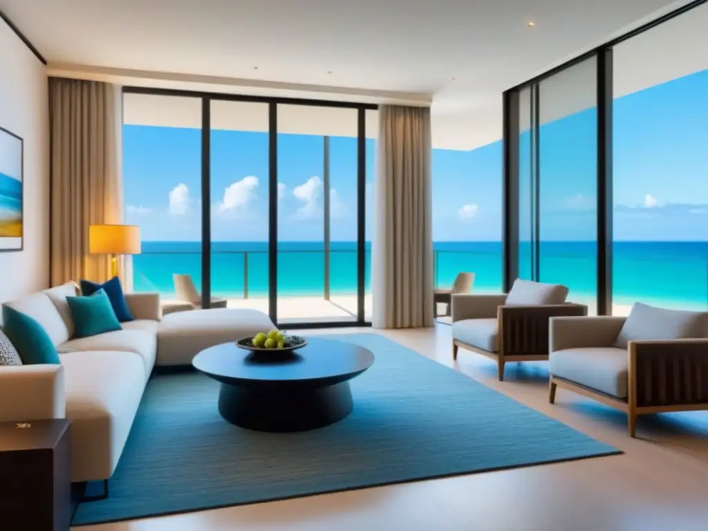 Salón moderno y lujoso con vistas a la playa en propiedad vacacional Moderno salón de tiempo compartido con vista a la playa, muebles contemporáneos y colores vibrantes hash Consejos para vender tiempo compartido
